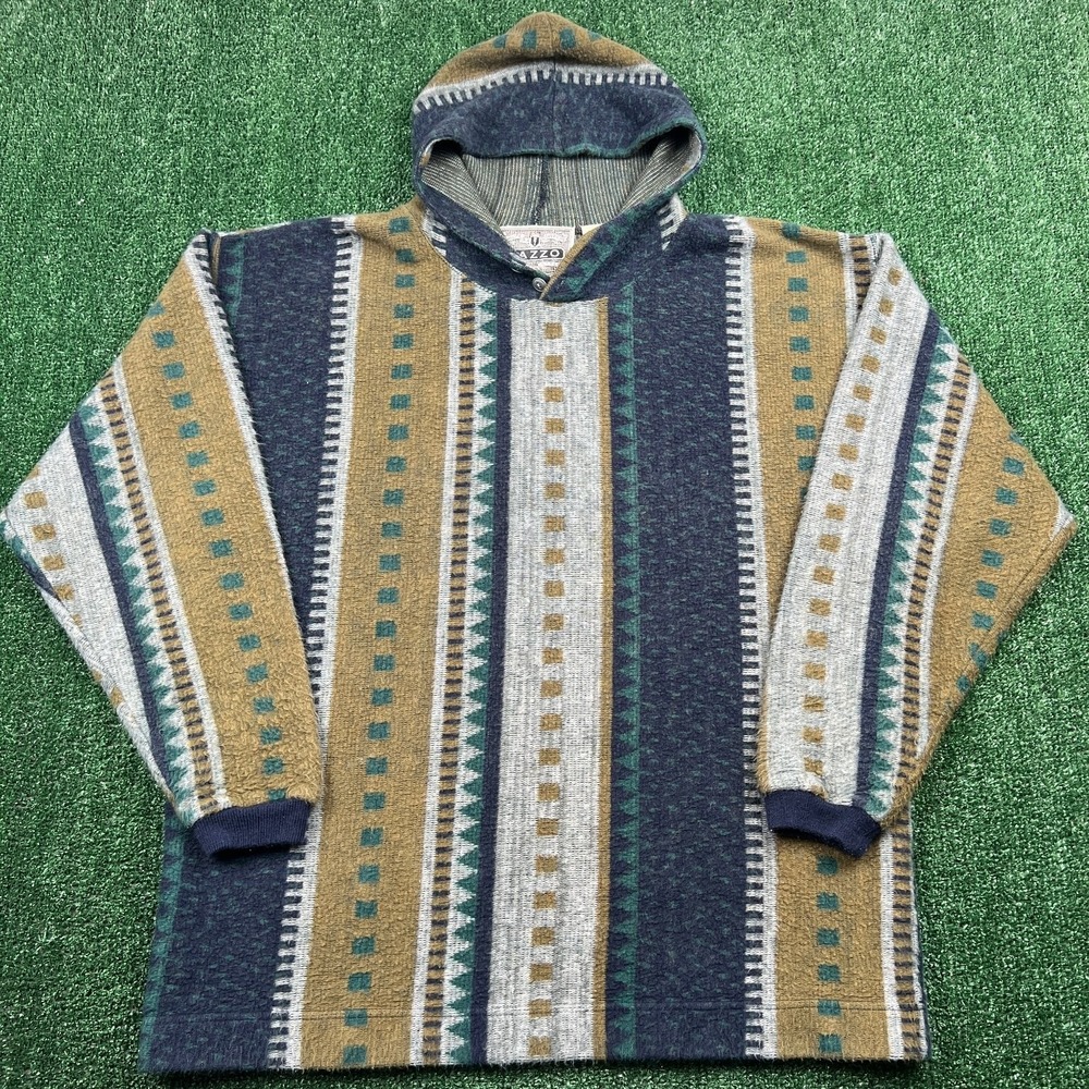 PAZZO Men's Sweater XL Multi-Color Hooded Acrylic Aztec Vertical Striped